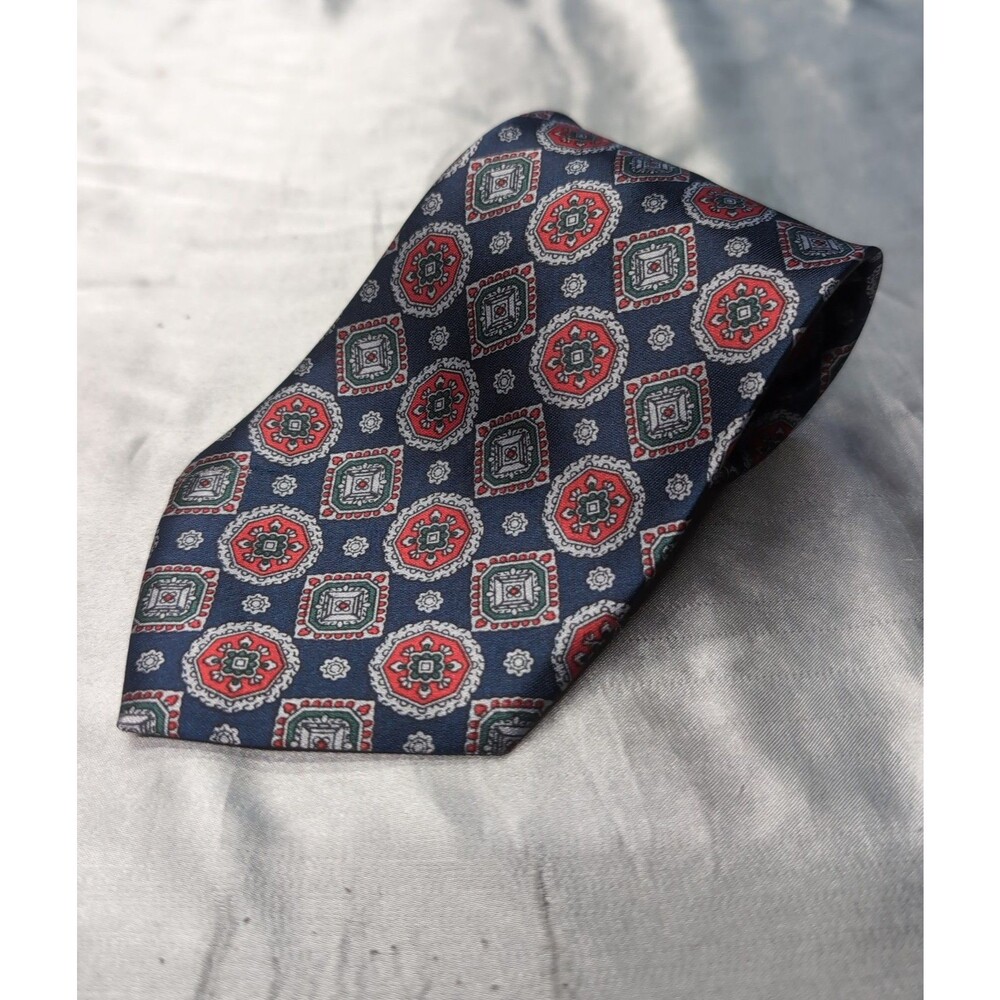 Vintage Duomo Milano Handmade Silk Necktie - Navy Blue Geometric Medallion Print